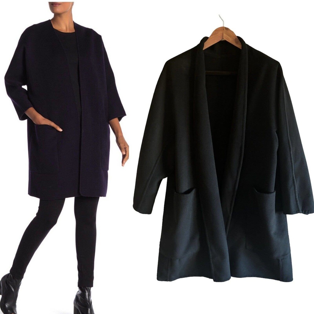Vince Black Collarless Open-Front Coat Wool & Cashmere Blend